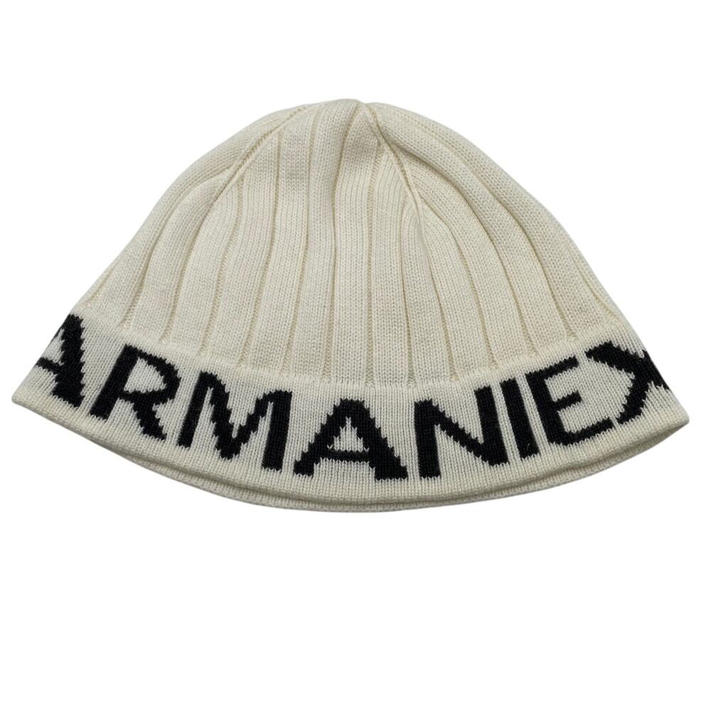 Armani Exchange A|X Mens Ribbed Knit Logo Beanie Hat Cream White Black One Size